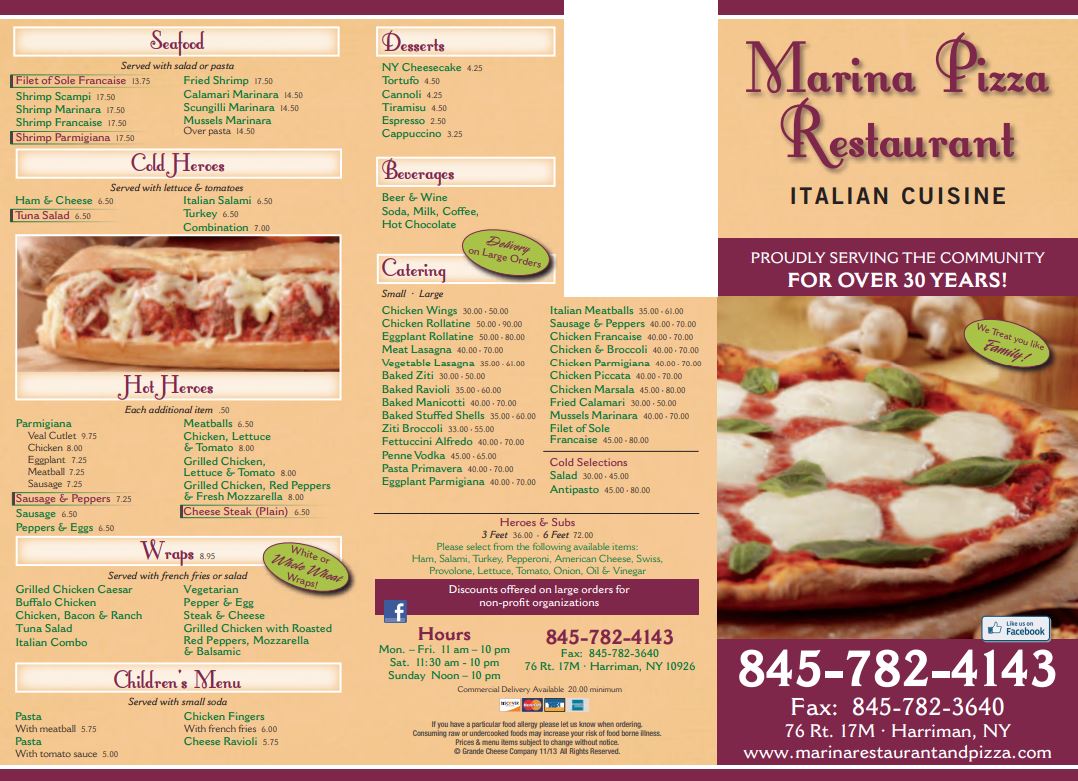 Authentic pizza menu Harriman, NY Marina Restaurant & Pizza